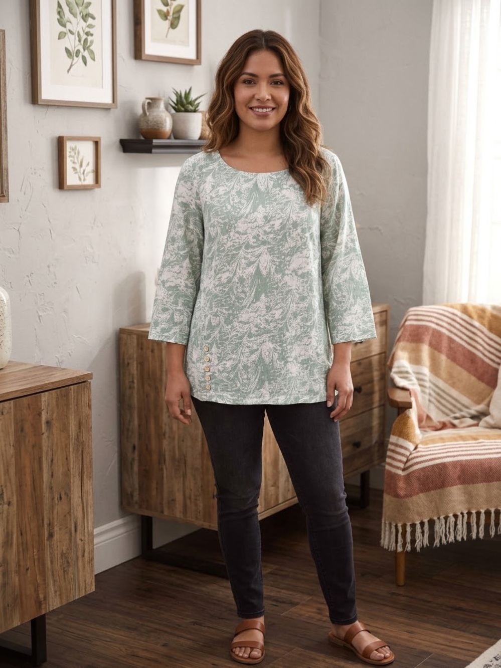 Soft Surroundings Oceo Gauze Tunic Top Size Lg Green Button Detail Coastal Artsy